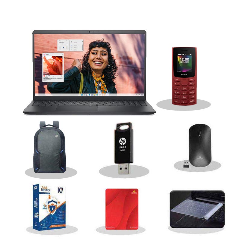 Picture of Dell Inspiron 3530 - 13th Gen Core i3-1305U 15.6" (39.62cm) Thin & Light Laptop (8GB/ 512GB SSD/ Full HD Display/ Windows 11 Home/ MS Office 2021/ Intel UHD Graphics/ 1 Year Warranty/ Carbon Black/ 1.62 kg) with Nokia 106 Keypad Phone + Laptop Bag + K7 Antivirus + Wireless Mouse + Mouse Pad + Pendrive + Laptop Key Skin